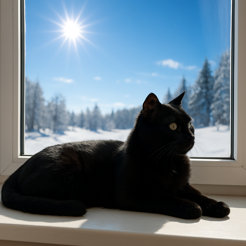 schwarze Katze vor Fenster